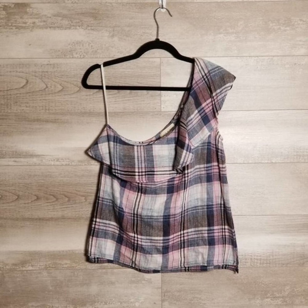 Cloth & Stone Anthropologie Plaid One Shoulder Ruffle Blouse Pink Blue Size S
